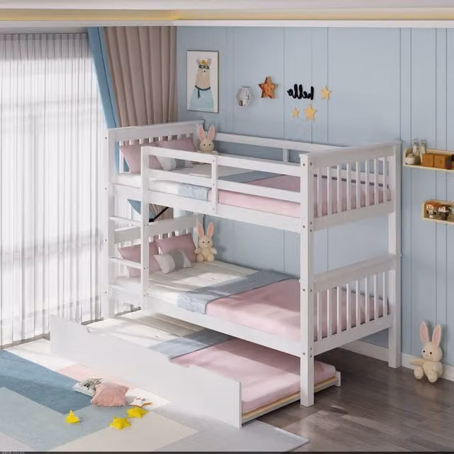 More4Homes Oliver Solid Wood Bunk Bed with Trundle in White, 90 x 190 cm