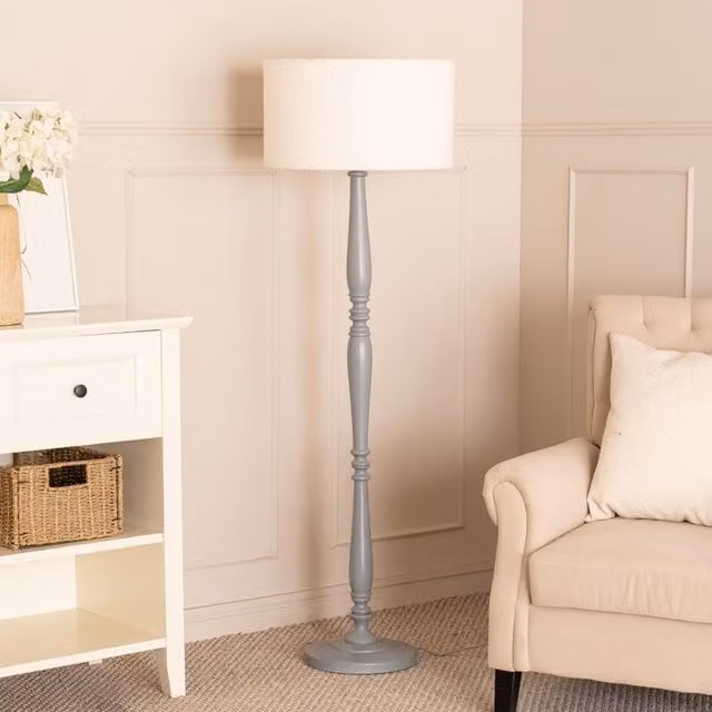 ValueLights Victoria Candlestick Wood Floor Lamp with Grey Boucle Shade