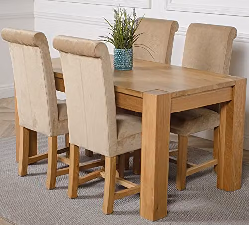 Oak Furniture King Kuba Solid Oak 4 Seater Dining Set with Washington Beige Upholstered Fabric Chairs, W/D/H: 150 x 85 x 75 cm