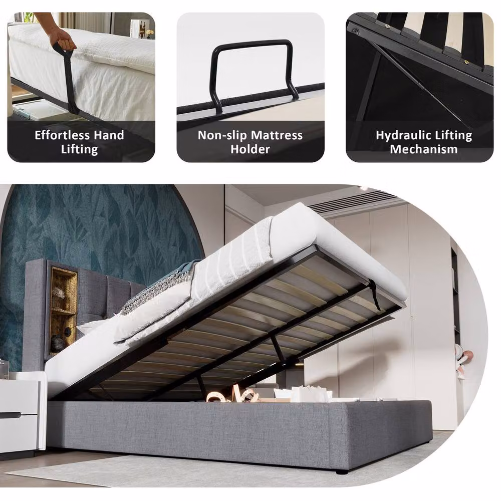ModernLuxe Upholstered Ottoman Bed with Storage Headboard and USB Charging Port in Grey, Super King, W/D/H: 200 x 160 x 206 cm – 5