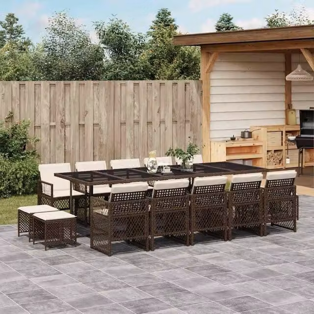 Berkfield Home 15 Piece Brown Poly Rattan Garden Dining Set with Cushions and Glass Tabletop