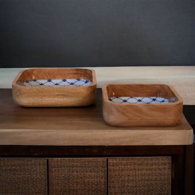Artisan Furniture Floral Blue and White Square Bowl Set of 2 on Wood Base, Brown