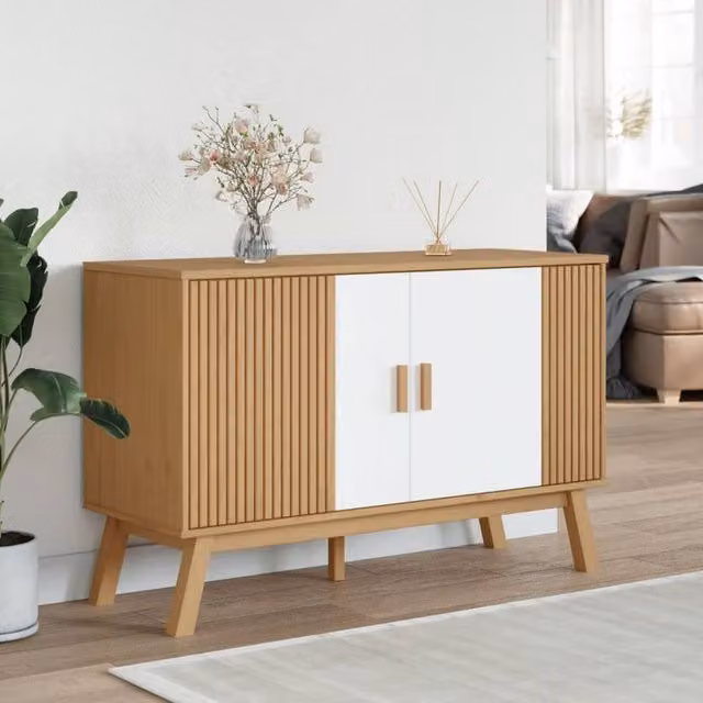 Berkfield Home Olden Sideboard in White and Brown Solid Pine Wood, W/D/H: 114 x 43 x 73.5 cm