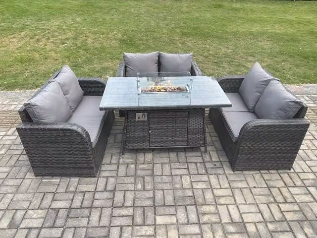 Fimous Rattan Outdoor Garden Furniture Set with Love Sofa, Gas Fire Pit Dining Table and Gas Heater in Dark Grey Mixed