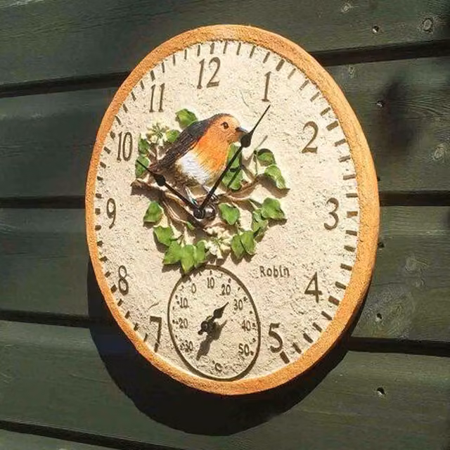 Garden Mile Robin Round Analog Wall Clock, Orange, Brown and Multicolour, Diameter: 30.48 cm