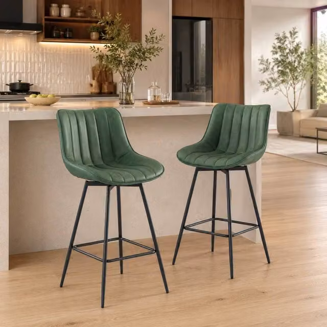 STILVORA Set of 2 Modern Green Swivel Bar Stools with Synthetic Leather and Metal Base – 1