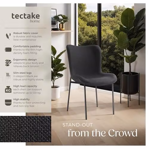 tectake Set of 4 Scandi Style Dining Chairs in Black Woven Fabric with Ergonomic High Backrest and Steel Legs – 4