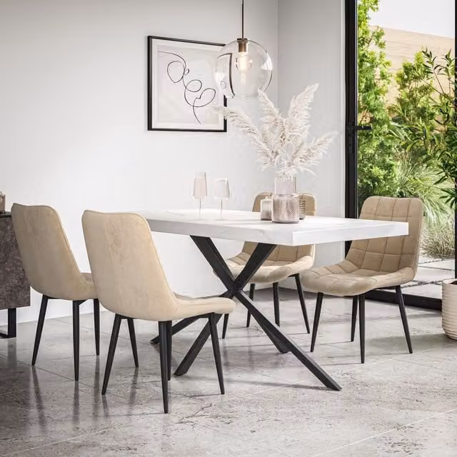 More4Homes Donni Dining Table and 6 Nova Beige Velvet Chairs Set with White Marble Effect Top and Black Legs, W/D/H: 160 x 80 x 76 cm – 1