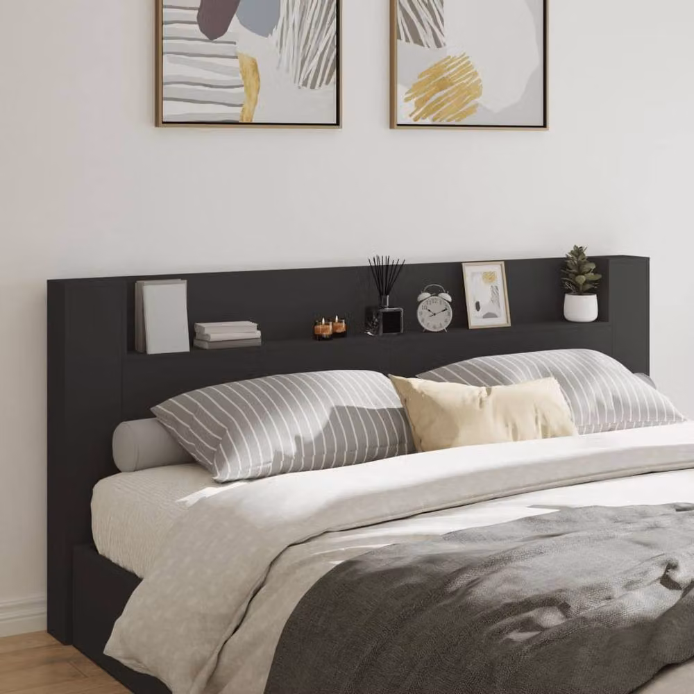 Berkfield Home Modern Headboard Cabinet with Integrated LED Lighting and Nightstands in Black, W: 220 cm, D: 16.5 cm, H: 103.5 cm – 2