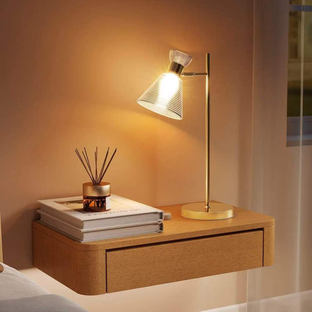 Wyld Haus Saha Modern Gold Table Lamp with Adjustable Flower Head and Amber Glass Shade – 7
