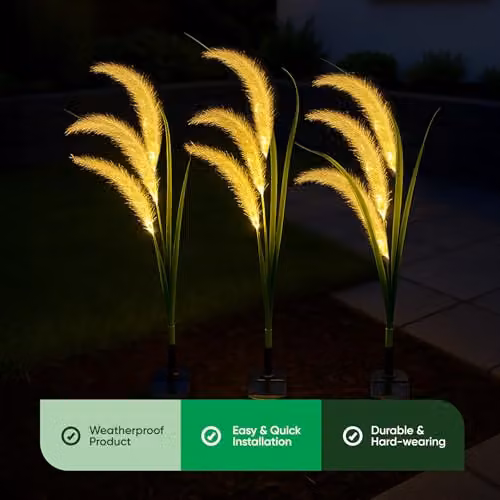 Gardenwize Pack of 3 Solar Grass Effect Stake Lights with Warm White LED in Green – 4