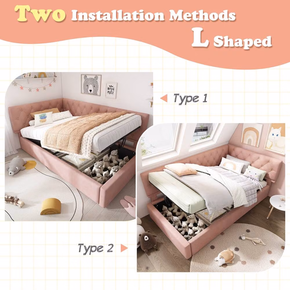 Merax L Shaped Single Sofa Daybed with Hydraulic Storage, Pink, W/D/H: 190 x 90 x 77 cm – 3