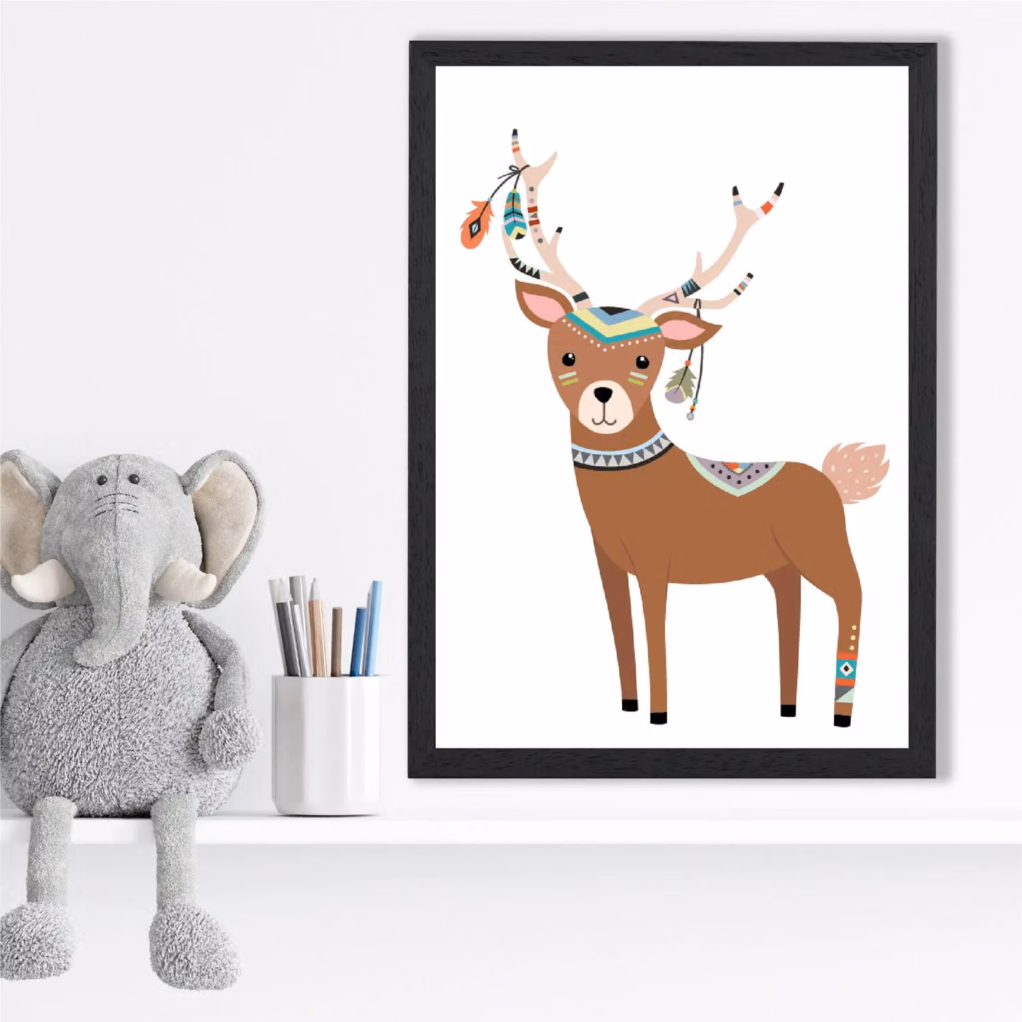 ARTZE Deer Tribal Animal Framed Print, Multicolour Ethnic Animal Poster with Black Frame, A3 – 2