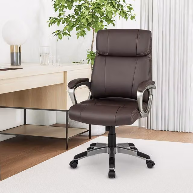 Costway Brown Synthetic Leather Executive Ergonomic Swivel Office Chair with Armrests
