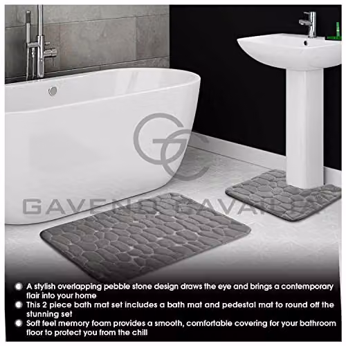 Gaveno Cavailia 2 Piece Memory Foam Pebble Bath Set in Grey with Bath Mat and WC Pedestal Mat – 3