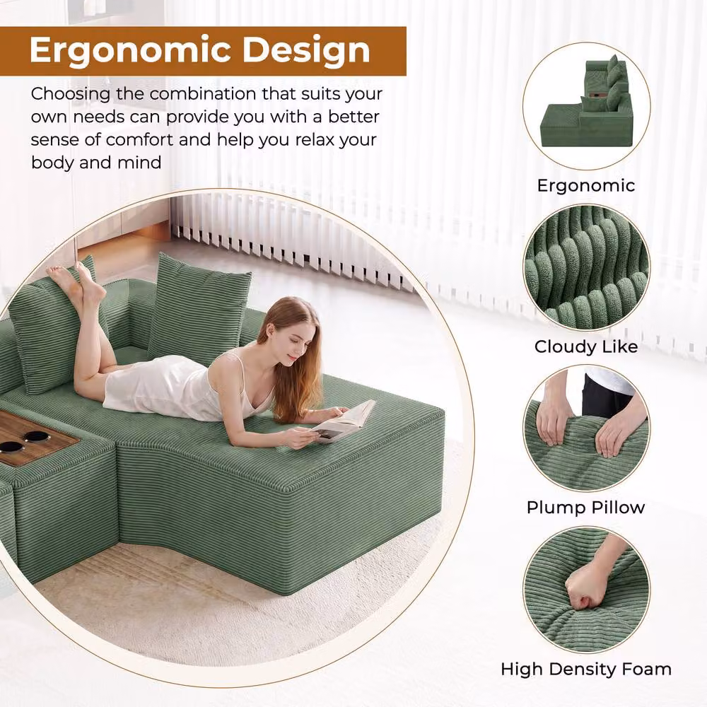 Dprodo Green Corduroy Right L-Shaped Modular Sofa with Cup Holder Table and Scatter Cushions, Width: 320 cm – 7