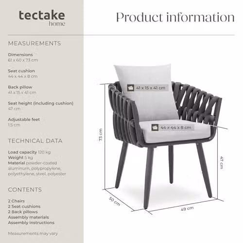 tectake Set of 2 Grey Rope Design Garden Chairs with Aluminium Frame and Cushions – 2