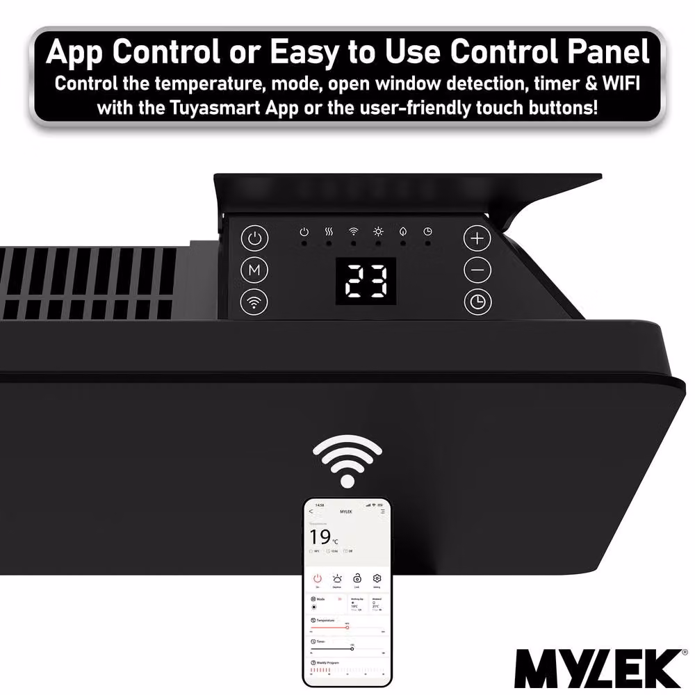MYLEK 900W Slimline Glass Panel Radiator Heater in Black with Wifi and App Control – 4