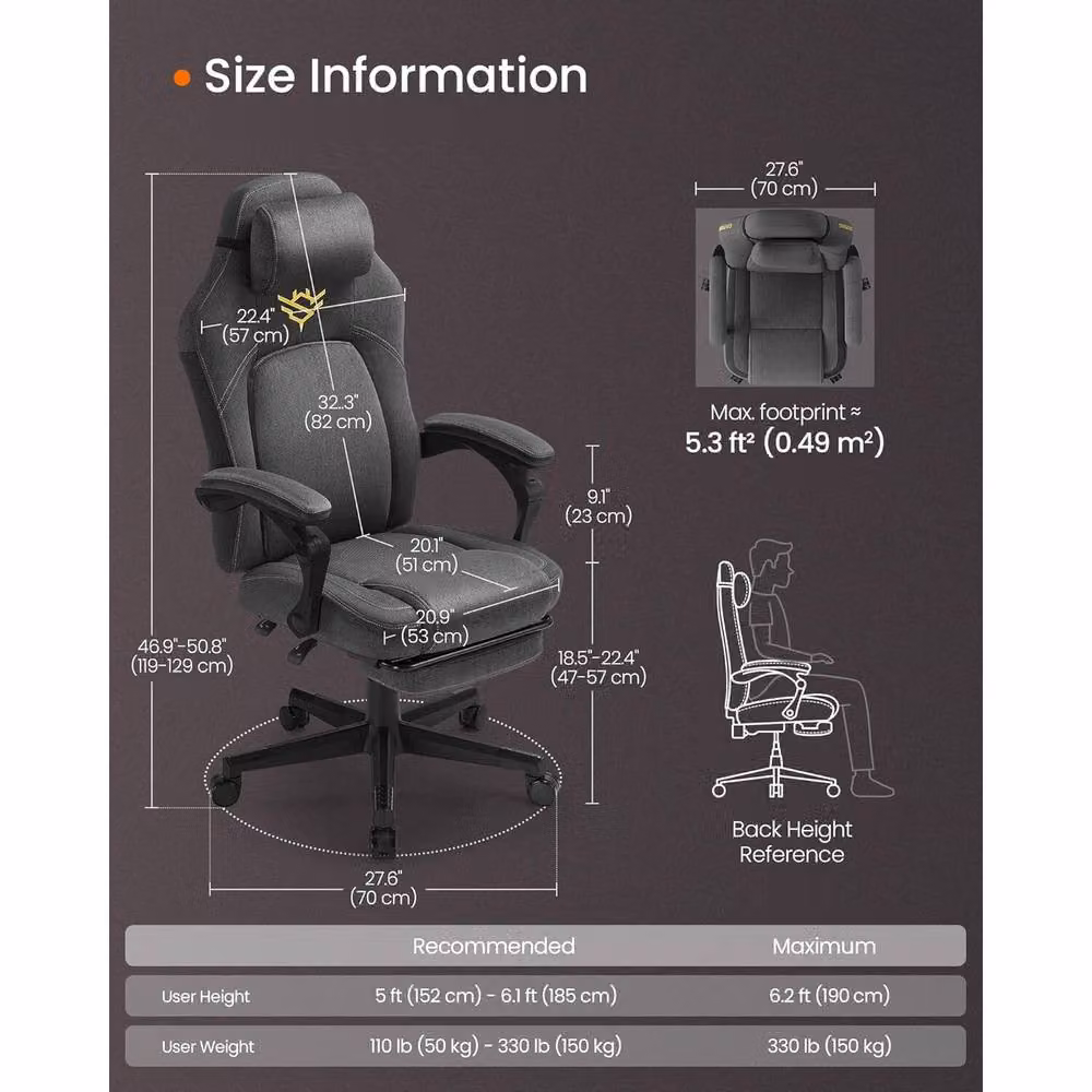 The Bazaarist Ergonomic Gaming Office Chair with Footrest and Headrest in Light Grey – 3