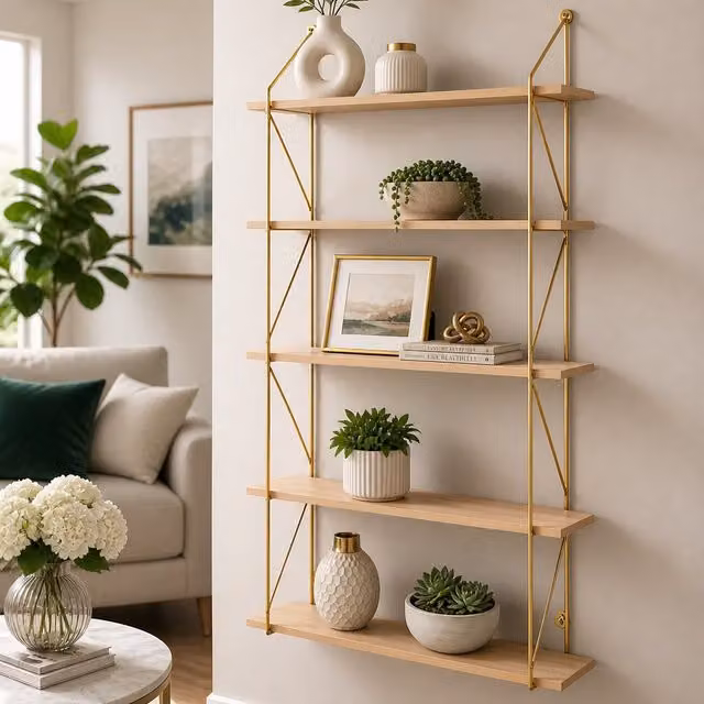 Spot On Dealz 5 Tier Gold Metal and Wood Wall Mounted Floating Shelf