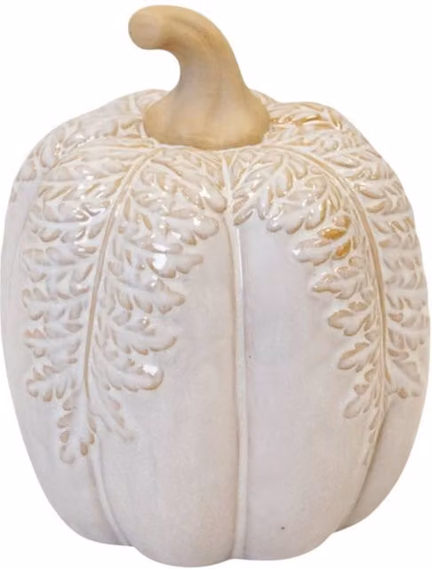 Four Candle Large Natural Glazed Taller Pumpkin with Oversized Leaves in Beige Ceramic