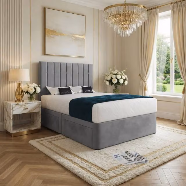 KDMD Quatt Modern Upholstered Velvet Designer Bed Frame in Grey, W/D/H: 140 x 200 cm