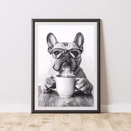 60 Second Makeover Funny French Bulldog Drinking Coffee Paper Poster, A3, Multicolour