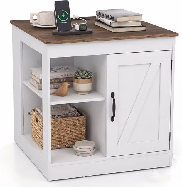 Costway Farmhouse Wooden Nightstand with Charging Station in White – 1