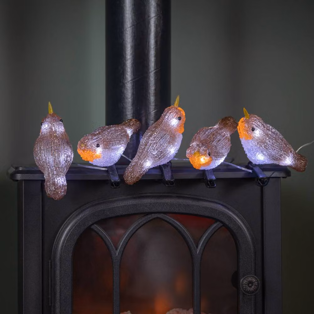 Samuel Alexander Set of 5 Light up Acrylic Christmas Robin Decorations with 30 Ice White LEDs in White and Multicolour – 1
