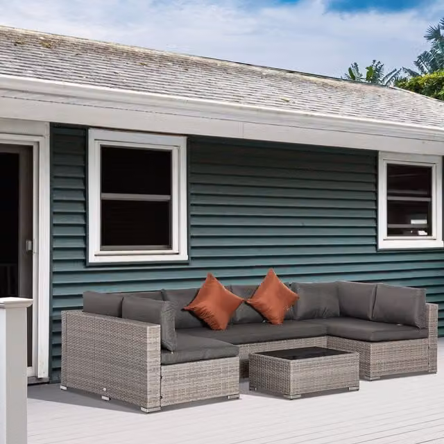 Outsunny 4 Piece L-Shape Rattan Corner Sofa Set with Coffee Table and Cushions, Grey