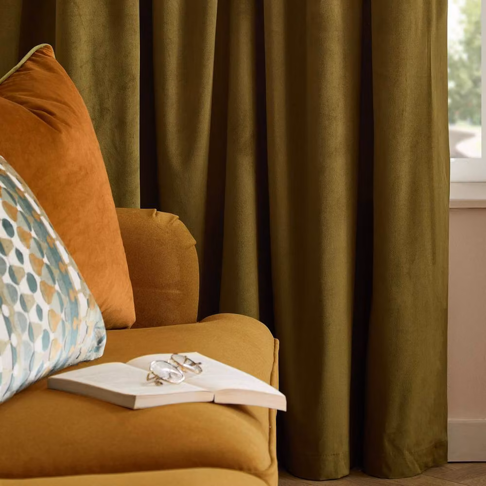 Furn Velvet 100% Blackout Eyelet Curtain Pair in Green, Width: 168 cm, Drop: 137 cm – 2