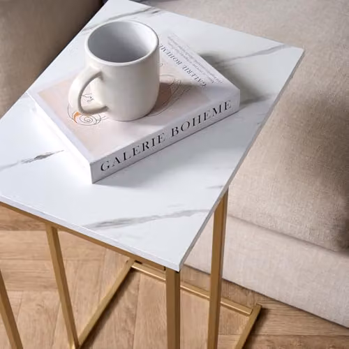 OHS C-Shaped Side Table with White Marble Top and Gold Metal Frame, W/D/H: 40 x 40 x 63 cm – 2