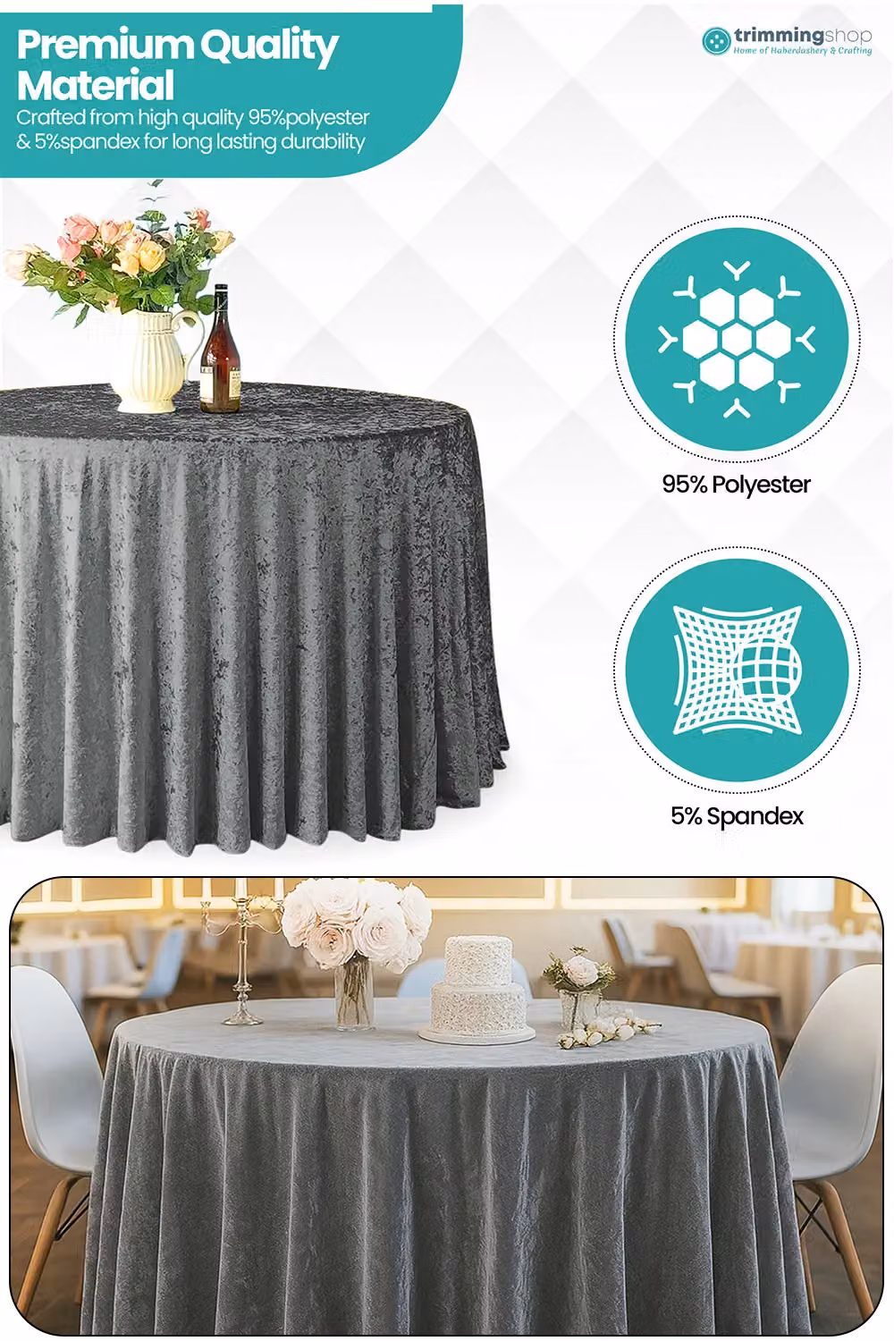 Neel Blue Diamond Velvet Round Tablecloth in Silver and Blue, Diameter: 228.6 cm – 2