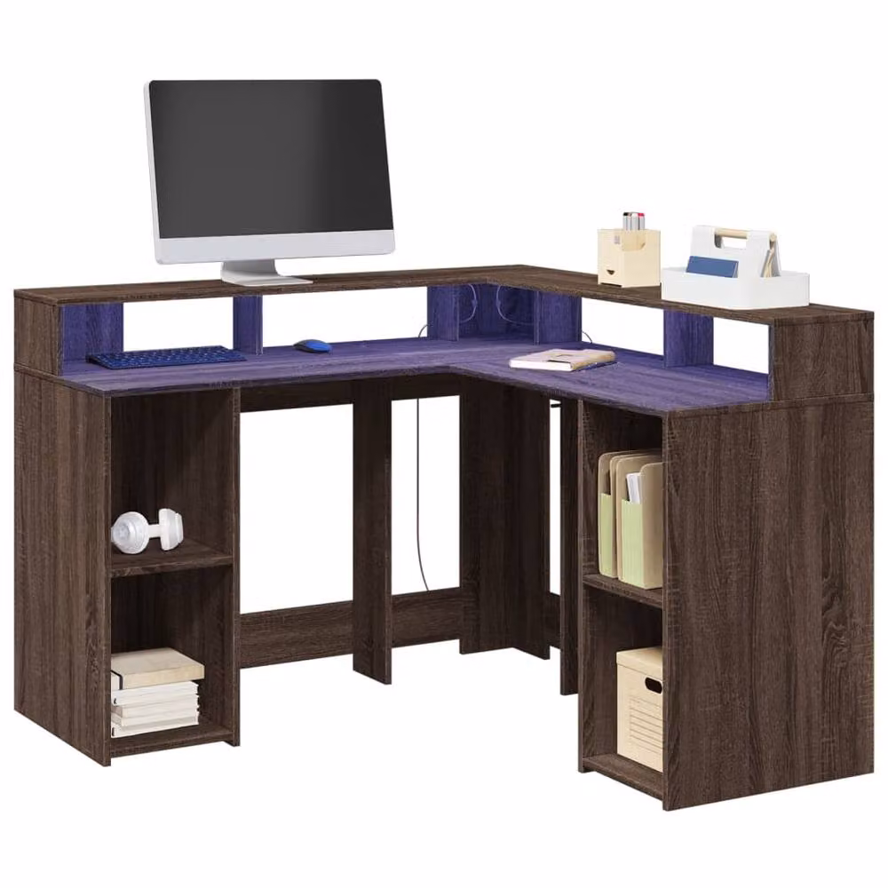 Berkfield Home Soft Desk with LED Lights in Brown Oak, W/D/H: 130 x 130 x 91 cm – 2