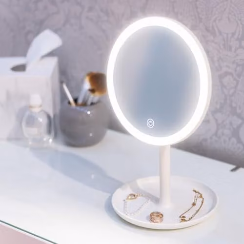 ValueLights 8 Inch White LED Makeup Vanity Mirror with Trinket Tray and Built-in Bluetooth Speaker – 1