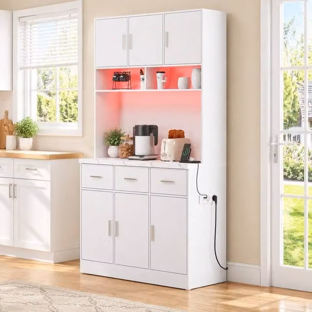 STILVORA Modern Glossy White Storage Cabinet with Integrated LED Lighting and Hinged Doors