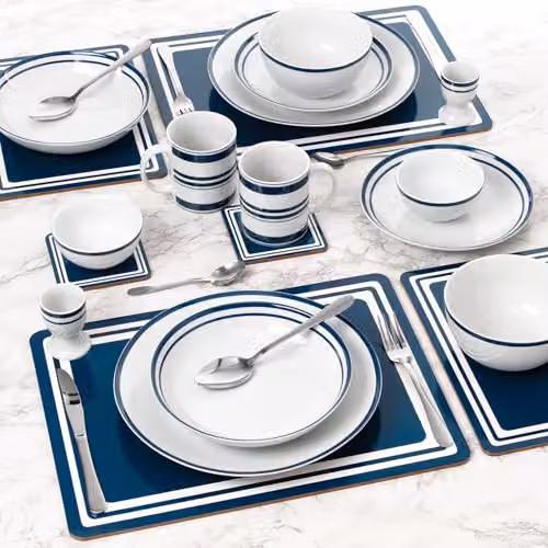 Waterside 80-Piece Blue and White Bistro Porcelain Tableware Set with Cutlery and Placemats – 5