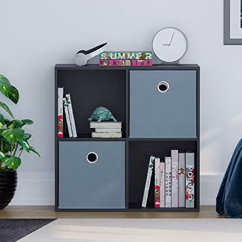 Vida Designs Durham 4 Cube Storage Organiser with 2 Grey Baskets, Black, W/D/H: 64.5 x 29.0 x 64.5 cm – 2
