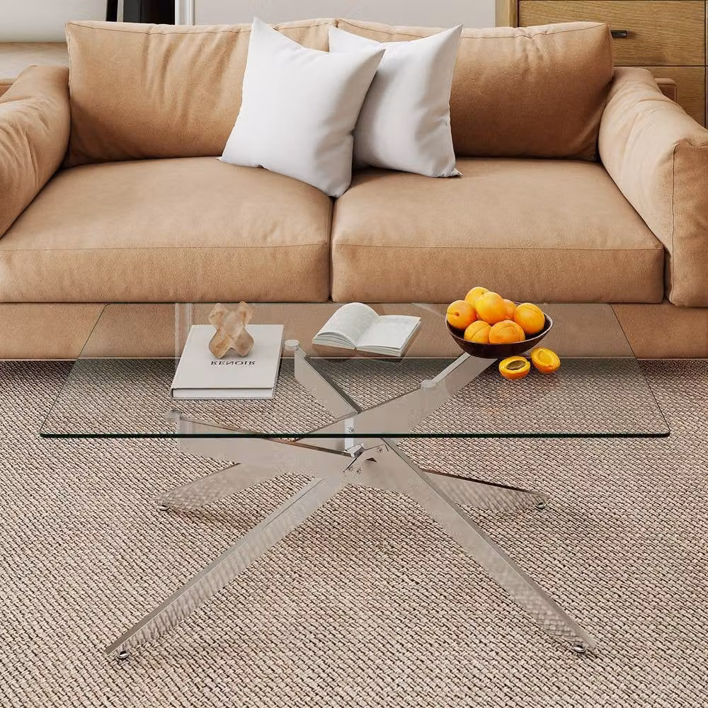 Costway Modern Rectangular Glass Coffee Table with Silver Metal Frame – 2