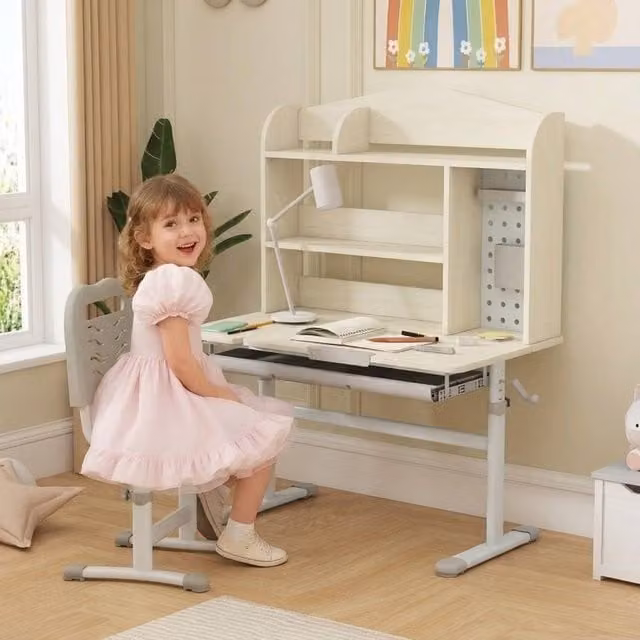 STILVORA Kids Adjustable Height and Tilting Top Desk with Storage Shelf and Drawer in White and Beige – 1