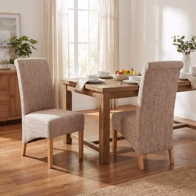 Shankar Classic Checked Dining Chairs in Beige and Brown Fabric with Rubberwood Legs