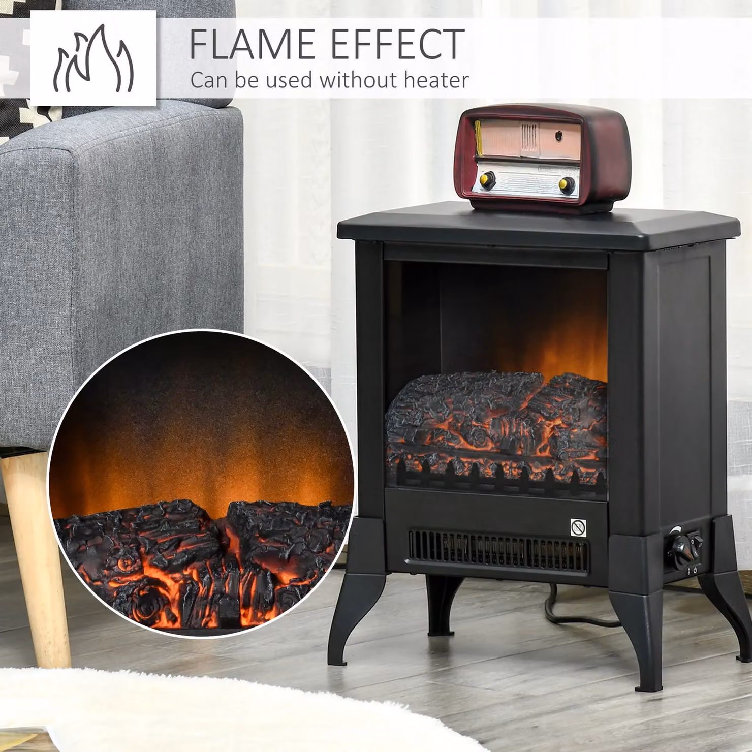 HOMCOM Freestanding Electric Fireplace Stove with Flame Effect and Overheat Protection in Black – 4