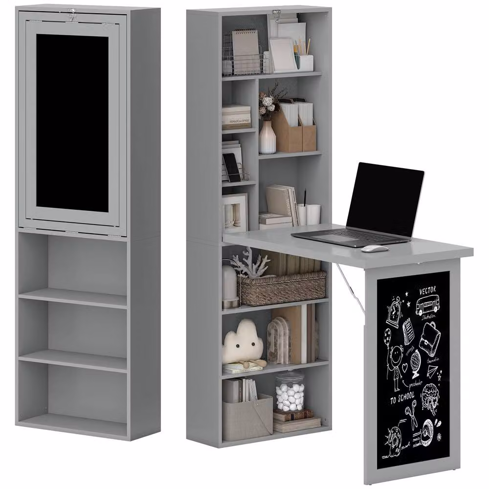 STILVORA Grey Folding Convertible Secretary Desk with Blackboard and Shelves, H 153 x W 98 x D 51 cm – 3