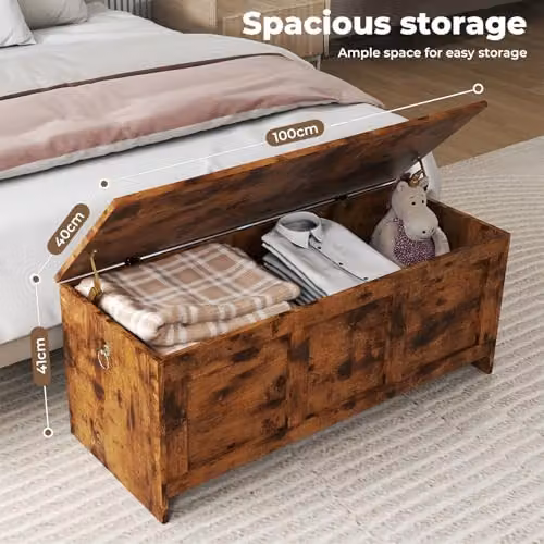 Levede Rustic Brown Wooden Storage Bench and Shoe Rack with Striped Synthetic Leather Seat, W/D/H: 100 x 40 x 41 cm – 3