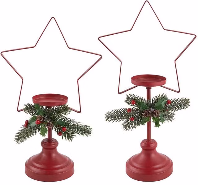 Living and Home Set of 2 Red Metal Star Decorative Christmas Candlesticks for Pillar and Taper Candles