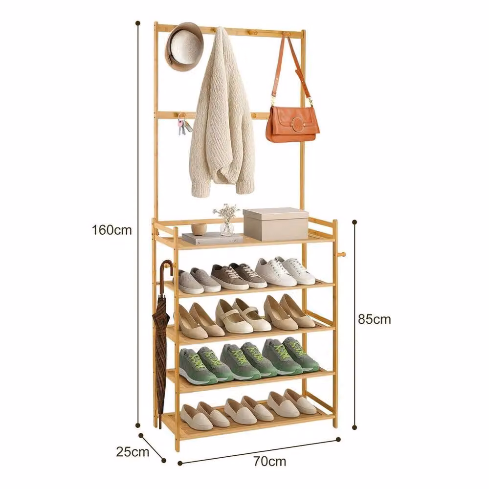 EONLION Classic Lacquered Entryway Coat Rack in Natural Brown, W/D/H: 70 x 25 x 160 cm – 2
