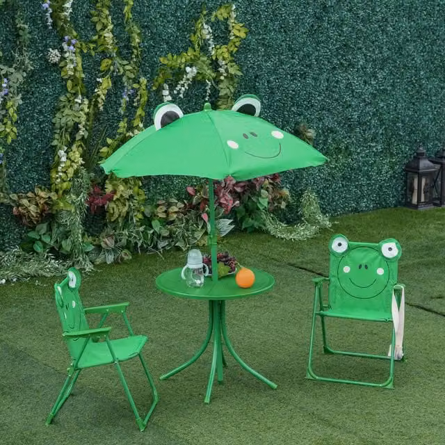 Outsunny Kids Garden Table and Chairs Set with Adjustable Umbrella, Green Floral Design