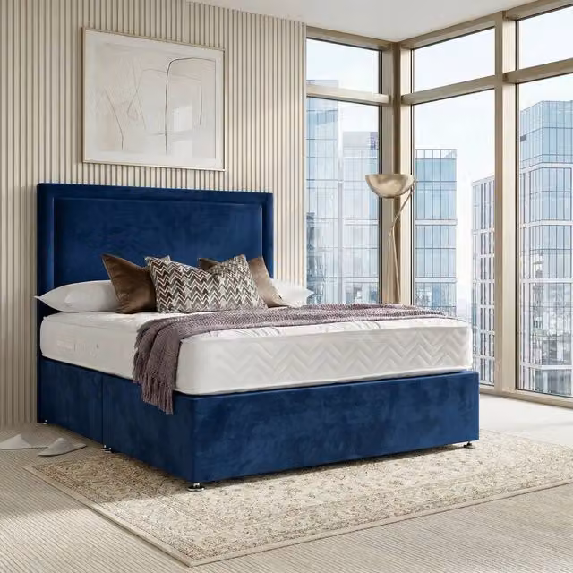 DS Living Velmont Modern Upholstered Velvet Divan Bed in Blue, W/D/H: 90 x 190 cm – 1