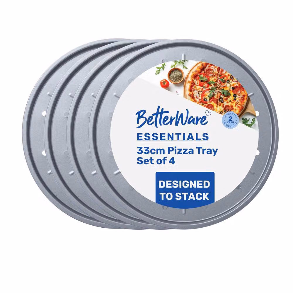 Betterware Essentials Set of 4 Non-Stick Round Carbon Steel Pizza Trays in Silver, Diameter: 33 cm – 2