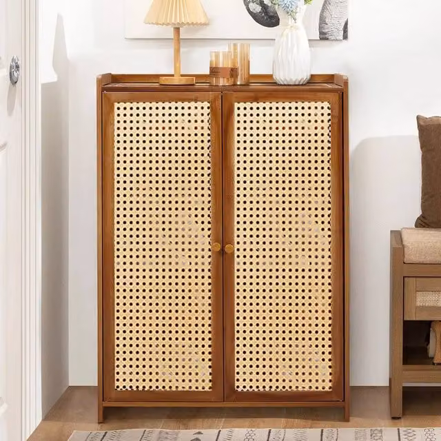 Ventryn Wooden Shoe Cabinet with Double Rattan Doors in Brown – 1
